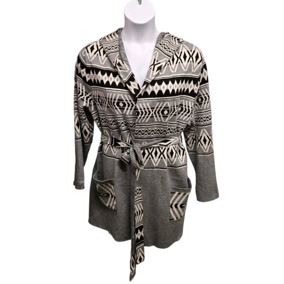 Rachel Zoe Womens Size 2X Gray Tribal Print Belted Wrap Cardigan Sweater Hooded - Picture 1 of 6